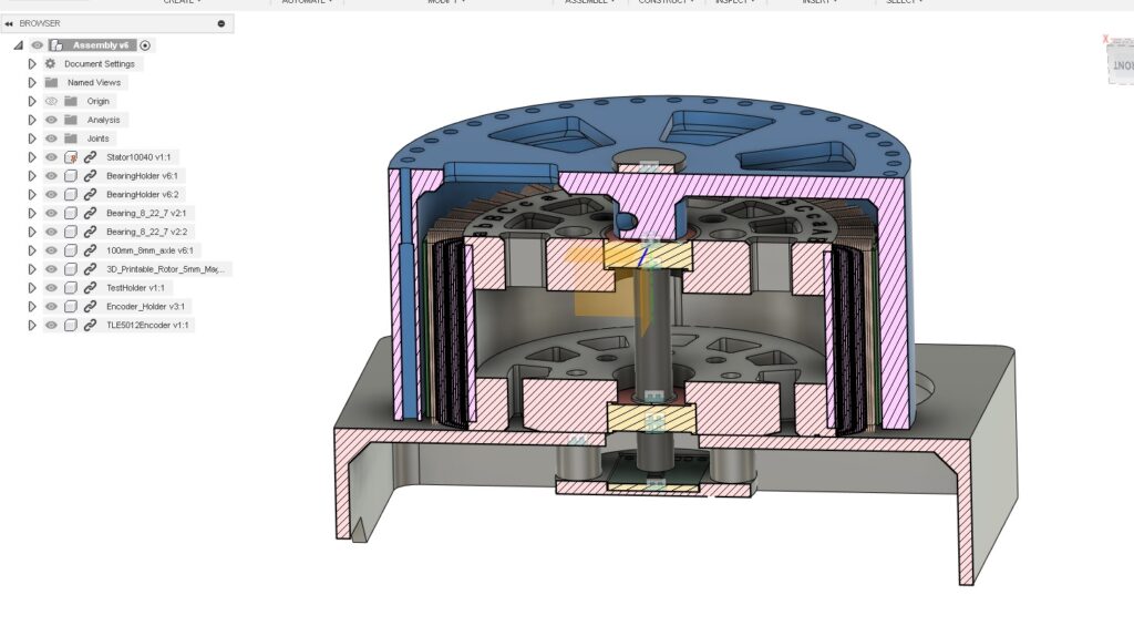 3D tulostettu moottori poikkileikkaus kuva Fusion 360 ohjelmasta.